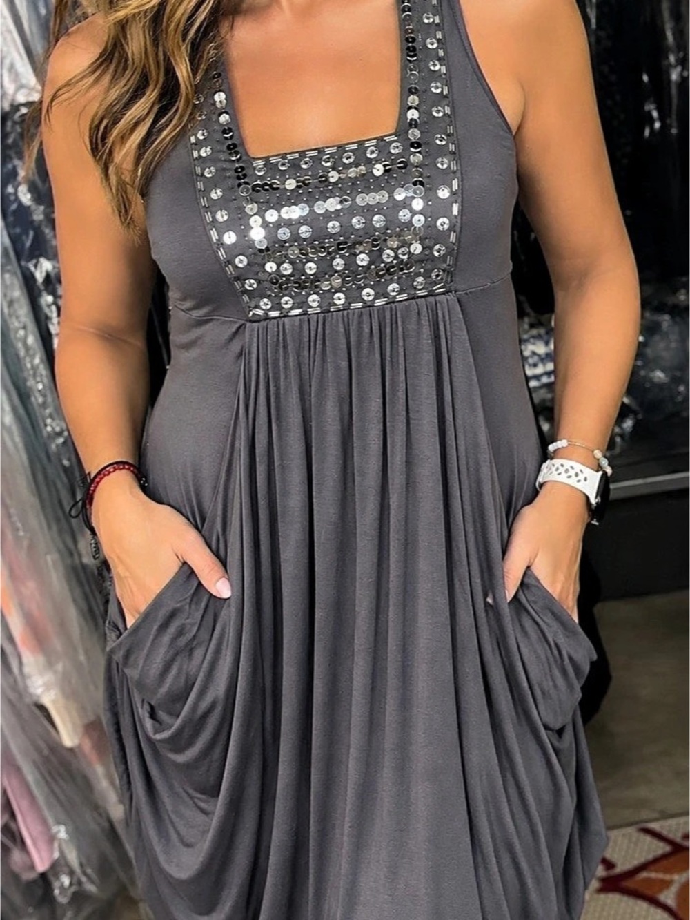 Gray Embellished Midi Dress Like New